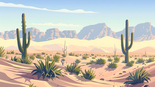 Este es un hermoso paisaje de un desierto hay dos cactus gigantes en primer plano y hay muchas otras plantas y cactus en el fondo
