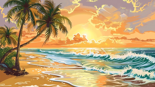 Este es un hermoso paisaje de una playa al atardecer Los colores cálidos del cielo y la arena crean una atmósfera relajante y pacífica