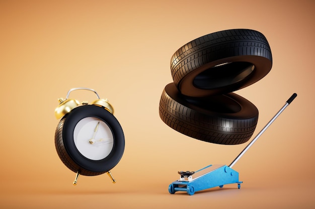 Es hora de reemplazar los neumáticos jack tire en forma de despertador y otros neumáticos 3D render