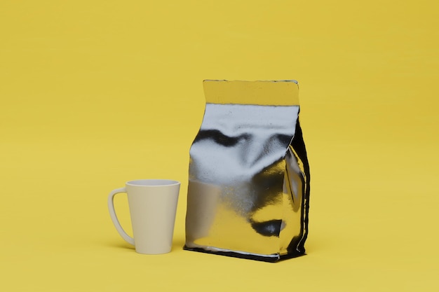 Es hora de tomar café, una taza junto a la cual hay un paquete de café sobre un fondo amarillo 3D Render