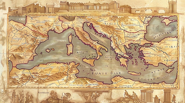 Foto esta es una ilustración de un antiguo mapa del mundo en tonos sepia. el mapa presenta detalles intrincados y está rodeado de elementos decorativos.