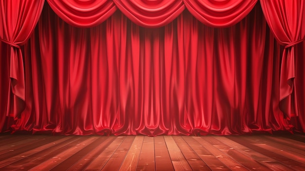 Esta es una ilustración de una cortina de escenario roja y un piso de madera en un entorno realista.