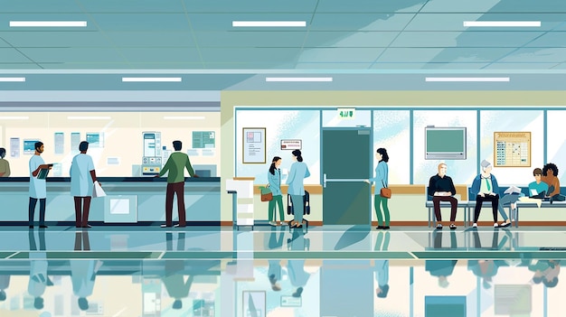 Esta es una ilustración de una sala de espera de un hospital. Gente, médico, enfermera.