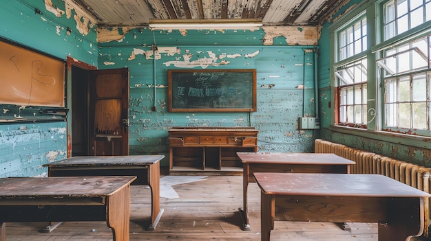 Esta es una imagen de un aula abandonada. La habitación está en mal estado con pintura despellejada, ventanas rotas y muebles viejos.