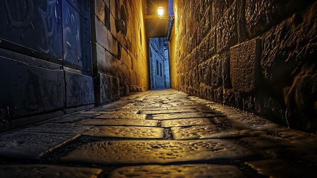 Esta es una imagen de un callejón estrecho con paredes de piedra y una calle de adoquines el callejón está iluminado por una sola lámpara de calle