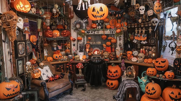 Foto esta es una imagen espeluznante y atmosférica de una habitación llena de decoraciones de halloween