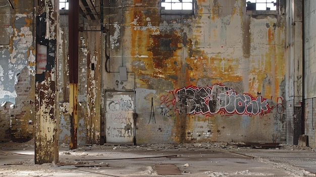 Esta es una imagen de una fábrica abandonada las paredes están cubiertas de graffiti y el suelo está lleno de escombros