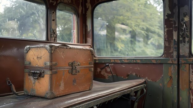 Foto esta es una imagen de una maleta vintage sentada en un banco en un viejo vagón de tren