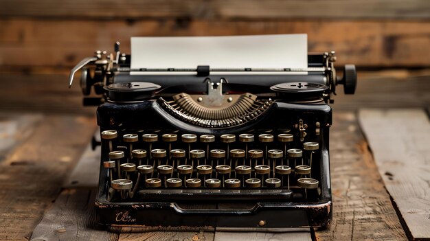 Foto esta es una imagen de una máquina de escribir antigua en una mesa de madera. la máquina de escribir es negra y tiene un papel de color crema insertado en ella.