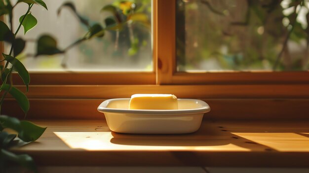 Foto esta es una imagen de un plato de mantequilla de cerámica con un palo de mantequila en él el plato está sentado en una mesa de madera frente a una ventana