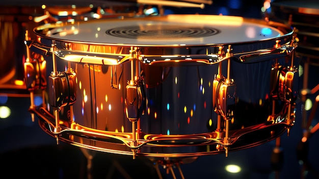 Esta es una imagen en primer plano de un tambor de trampa El tambor está hecho de metal y tiene una superficie reflectante brillante