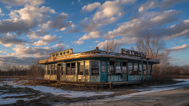 Esta es una imagen de un restaurante abandonado y en ruinas. El restaurante está ubicado en una zona rural y está rodeado de malezas y árboles.