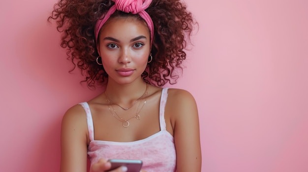 Foto esta es una imagen de tamaño real de una joven latina rizada de unos 20 años con ropa casual sentada en la empuñadura de un teléfono inteligente y mirando a un lado en un plano de fondo rosa claro pastel.
