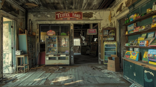 Esta es una imagen de una tienda general abandonada. La tienda está en mal estado con las paredes y el techo dañados y el suelo cubierto de escombros.