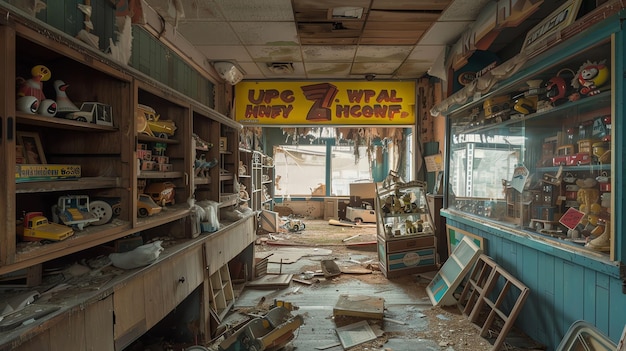 Esta es una imagen de una tienda de juguetes abandonada. La tienda está en desorden con juguetes esparcidos por todas partes y estantes volcados.