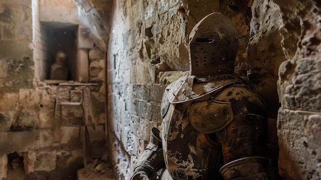 Foto esta es una imagen de una vieja armadura oxidada de pie en una habitación de piedra oscura