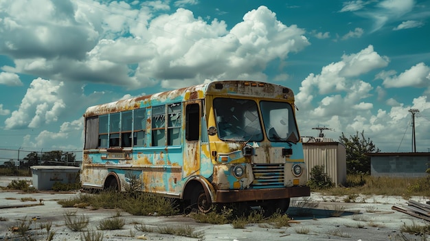 Esta es una imagen de un viejo autobús escolar abandonado está sentado en un campo rodeado de hierba alta y malezas