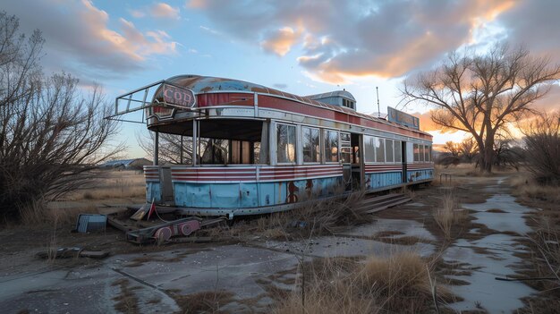 Foto esta es una imagen de un viejo restaurante abandonado. el restaurante está ubicado en un campo rodeado de árboles.