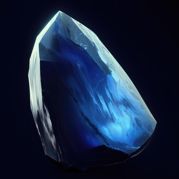 Foto esta es una impresionante foto en primer plano de un gran cristal de zafirina azul sobre un fondo negro el cristal tiene un color azul profundo con rayas blancas y azules claras que lo atraviesan generadas por ia