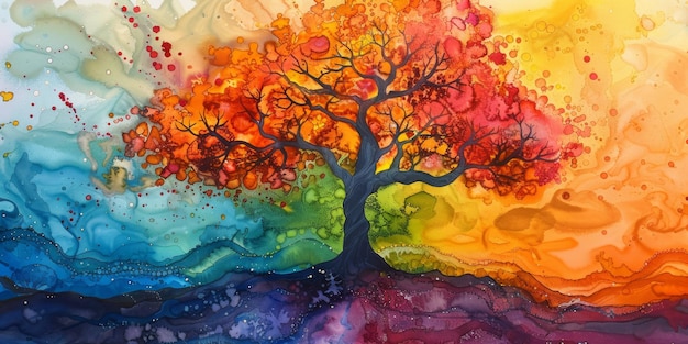 Esta es una impresionante y vibrante pieza de arte abstracto de acuarela que representa el Árbol de la Vida