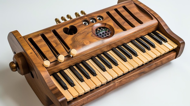 Este es un instrumento musical único e inusual está hecho de madera y tiene un teclado también hay algunas botones e interruptores en el instrumento