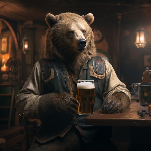 Es ist ein Bär, der an einem Tisch mit einem Biergenerator sitzt