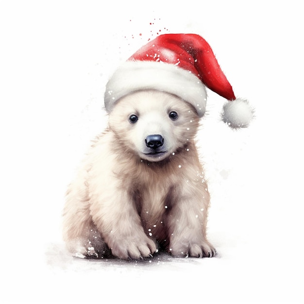 Es ist ein Eisbär, der einen Weihnachtsmütterhut trägt und im Schnee sitzt.