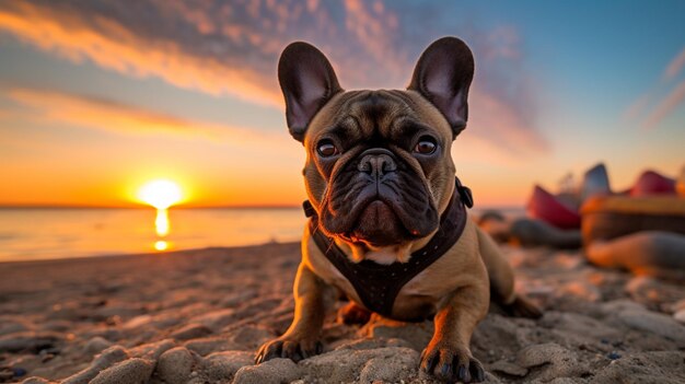 Es ist ein Hund, der auf dem Sand am Strand sitzt.