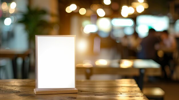 Es ist ein Mock-up-Etikett, der leere Menürahmen in einem Bar-Restaurant, es ist ein Stand für Broschüren mit weißen Blättern Papier und Acryl-Zeltkarten auf einem Holztisch in einer Cafeteria mit einem verschwommenen