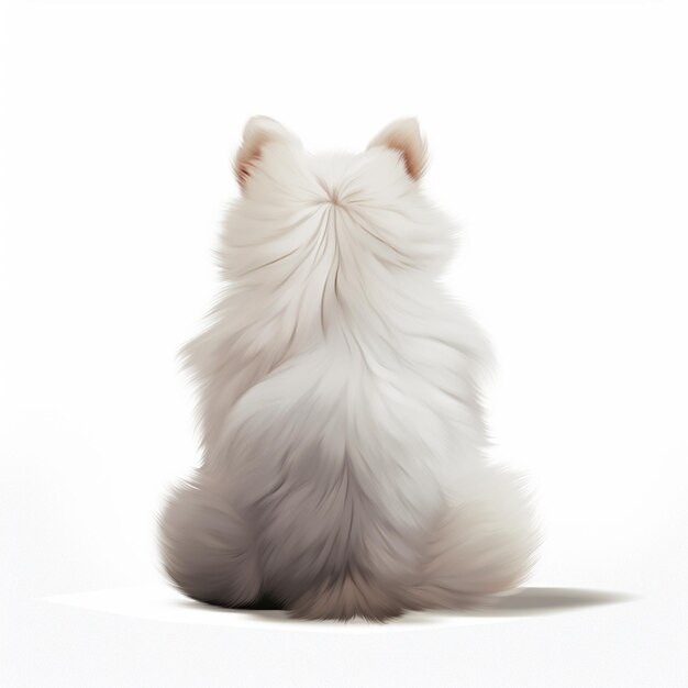 Es ist ein weißer Hund, der auf einer weißen Oberfläche sitzt und auf etwas Generatives schaut.