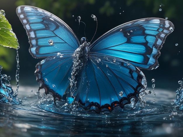 Es ist eine blaue Butterfliege im Wasser