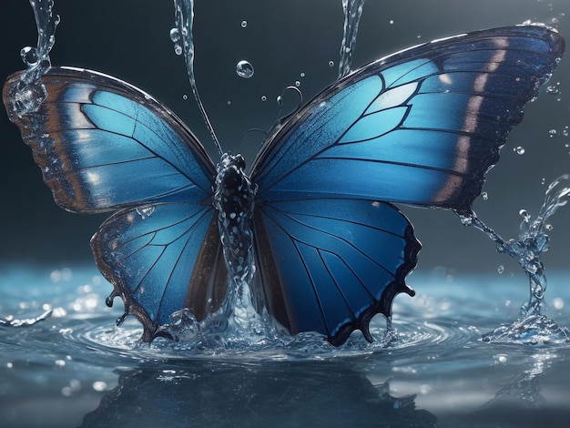 Es ist eine blaue Butterfliege im Wasser