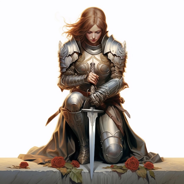 Es ist eine Frau in Rüstung, die mit einem Schwert auf einem Felsvorsprung sitzt.