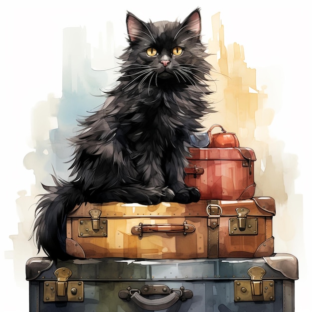 Es ist eine schwarze Katze, die auf einem Haufen Gepäck sitzt.