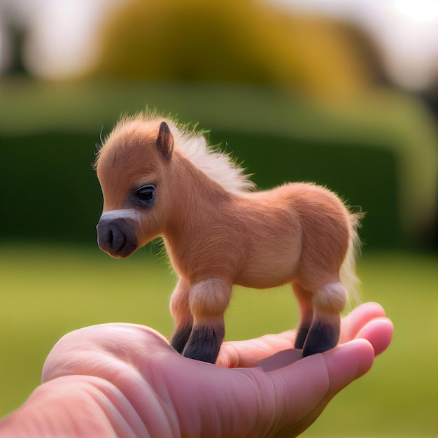 Este es un lindo mini caballo del tamaño de un pulgar con un ai generativo borroso