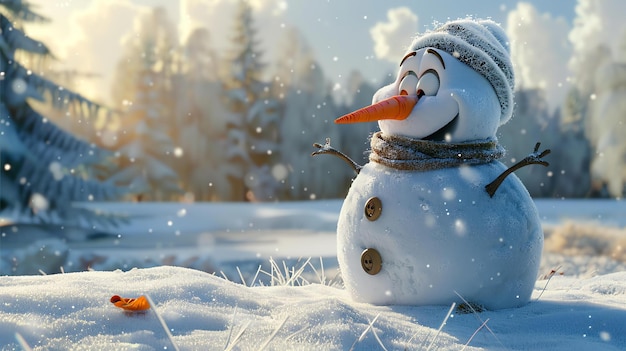Foto este es un lindo muñeco de nieve de pie en un bosque nevado lleva un sombrero y una bufanda y tiene una zanahoria por nariz