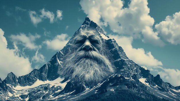 Foto esta es una majestuosa foto de una montaña que parece la cara de un anciano la montaña está cubierta de nieve y nubes y el cielo es de un azul profundo