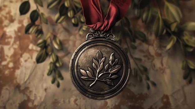 Foto esta es una medalla de bronce con una cinta roja la medalla tiene un diseño de hoja en ella la medalla está colgada frente a un fondo borroso de hojas