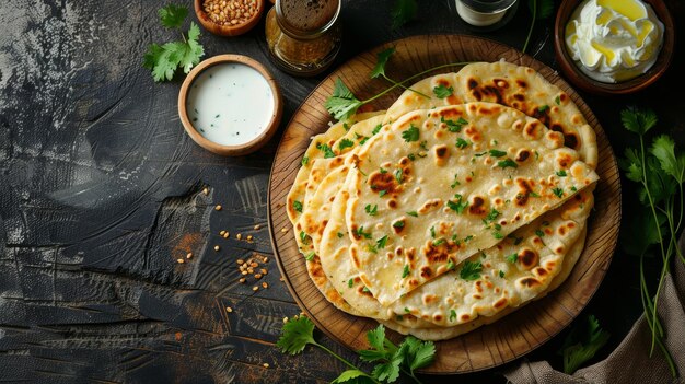 Foto este es un pan plano indio relleno de patatas conocido como aloo paratha y se sirve con mantequilla o cuajada recetas conceptuales de cocina india pan relleno vegetariano casero