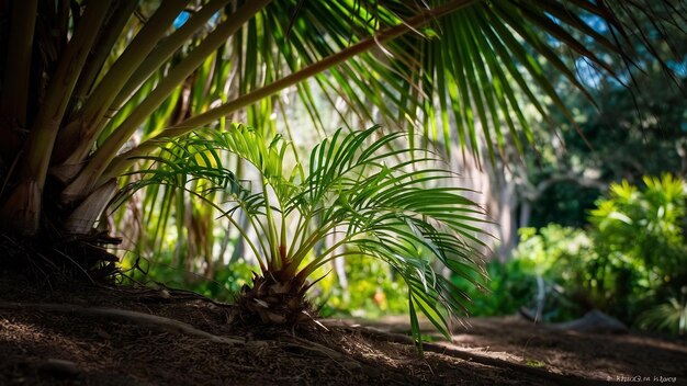 Foto es una pequeña palmera serenoa repens que crece a la sombra.