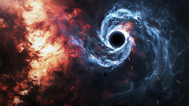 Esta es una pintura abstracta de un agujero negro el agujero negra está rodeado por un disco de acreción de gas y polvo giratorio