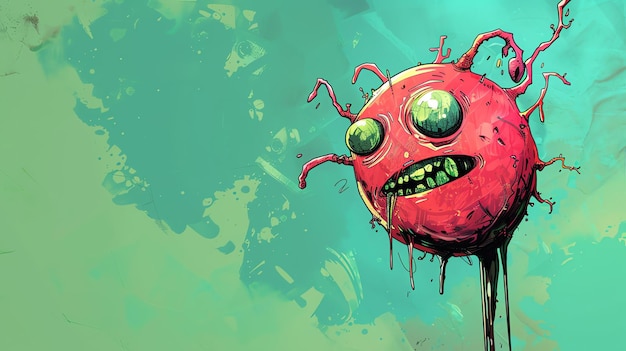 Esta es una pintura digital de una criatura alienígena roja la criatura tiene tres ojos una boca grande y dientes afilados