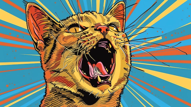 Esta es una pintura digital de un gato el gato está gritando con la boca abierta el fondo es un diseño de arte pop azul y naranja