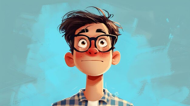 Foto esta es una pintura digital de un joven con gafas tiene una expresión de sorpresa en su cara y está mirando hacia arriba lleva una camisa a cuadros