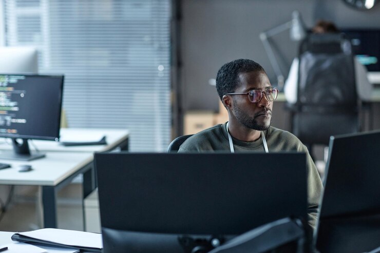Foto es un programador que usa una computadora.