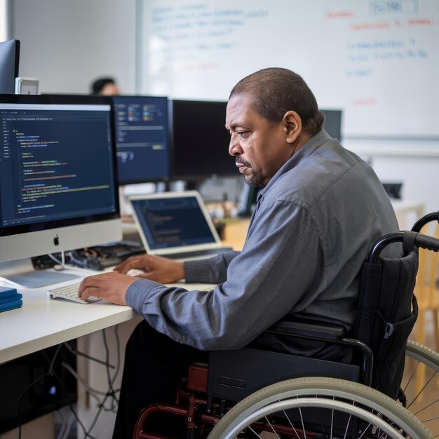 Es programmiert in wheelchr typing html-code in coding-büro arbeitet an server-programm mit comput