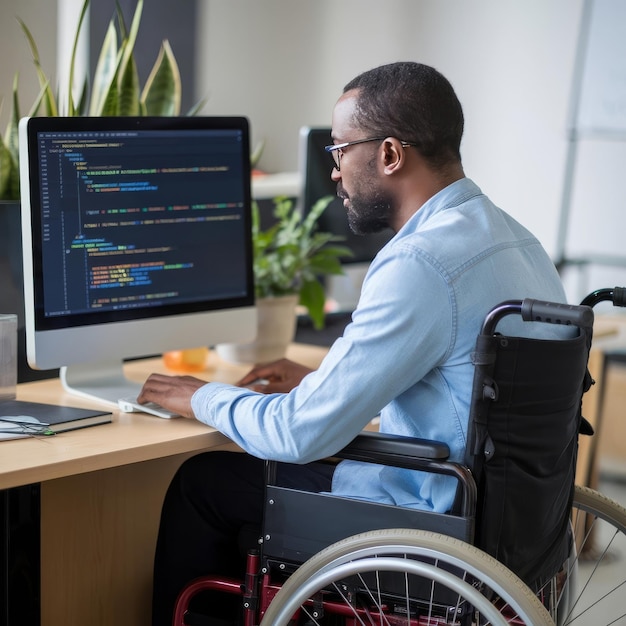 Es programmiert in wheelchr typing html-code in coding-büro arbeitet an server-programm mit comput