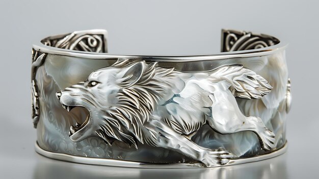 Esta es una pulsera de plata hecha a mano con un diseño único con un lobo gruñido