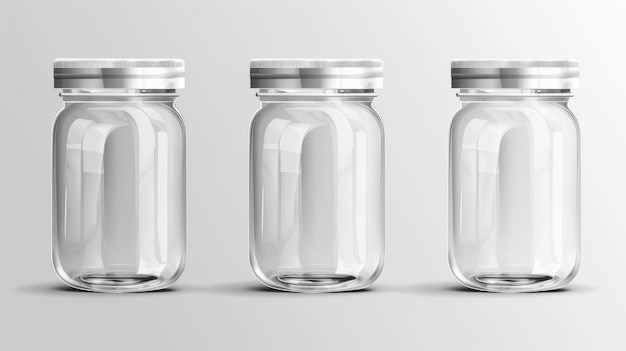 Foto este es un recipiente de vidrio vacío con una tapa de metal tiene una ilustración moderna realista de un recipiente transparente con una tapa plateada para el almacenamiento de alimentos y enlatado maqueta en blanco para una cocina
