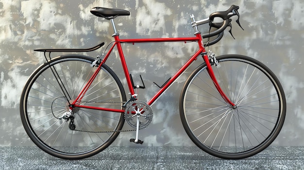 Esta es una representación en 3D de una bicicleta de carretera clásica tiene un marco rojo con ruedas negras y un asiento negro la bicicleta está apoyada contra una pared blanca